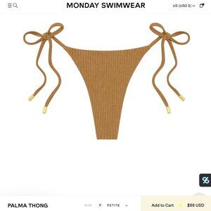 NWT Monday Swimwear Palma Thong Bottom — Petite (P) Antique Gold